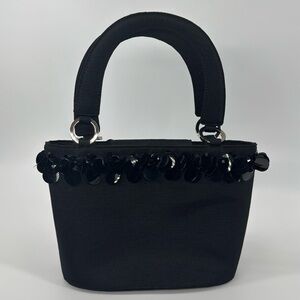 TALBOTS BLACK GROSGRAIN SATIN & BIG DANGLE‎ SEQUINS, BEADED BAG, HANDBAG